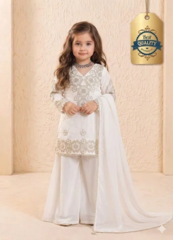 MODERN GEORGETTE EMBROIDERY 3 MM SEQUENCE WORK KID'S TOP PALAZZO WITH DUPATTA WHITE