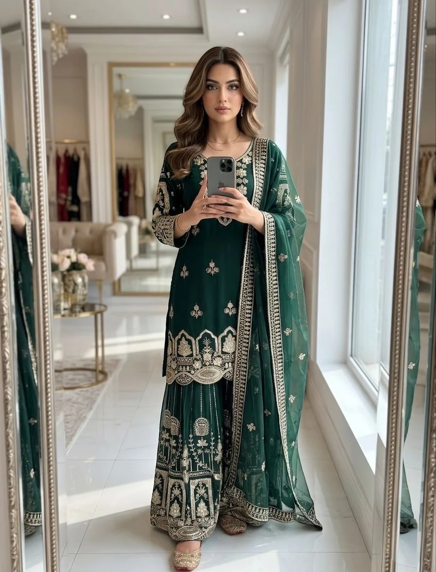 22RICH LOOK GEORGETTE EMBROIDERY 5 MM SEQUENCES WORK TOP PALAZZO WITH DUPATTA WEDDING WEAR WHOLESALE PRICE ETHNIC GARMENT (10)
