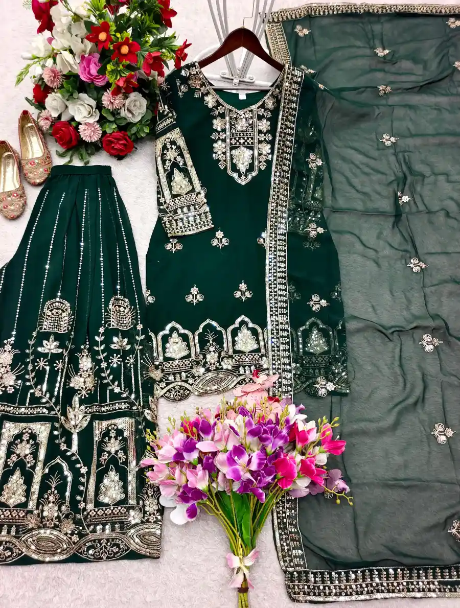 22RICH LOOK GEORGETTE EMBROIDERY 5 MM SEQUENCES WORK TOP PALAZZO WITH DUPATTA WEDDING WEAR WHOLESALE PRICE ETHNIC GARMENT (9)