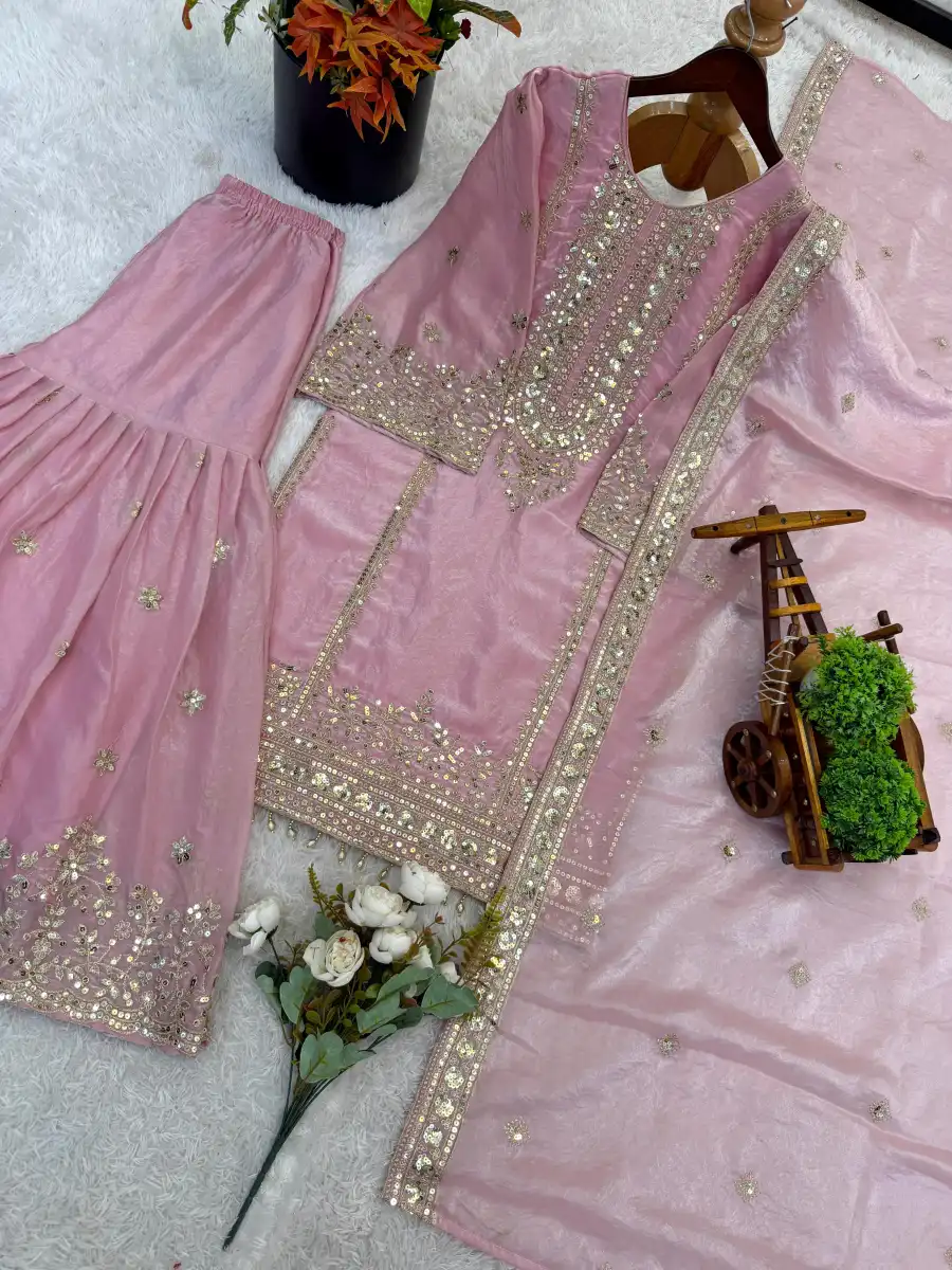 23CLASSIC FENDY SILK EMBROIDERY SEQUENCE WORK TOP SHARARA WITH DUPATTA FESTIVE WEAR WHOLESALE PRICE ETHNIC GARMENT (22)