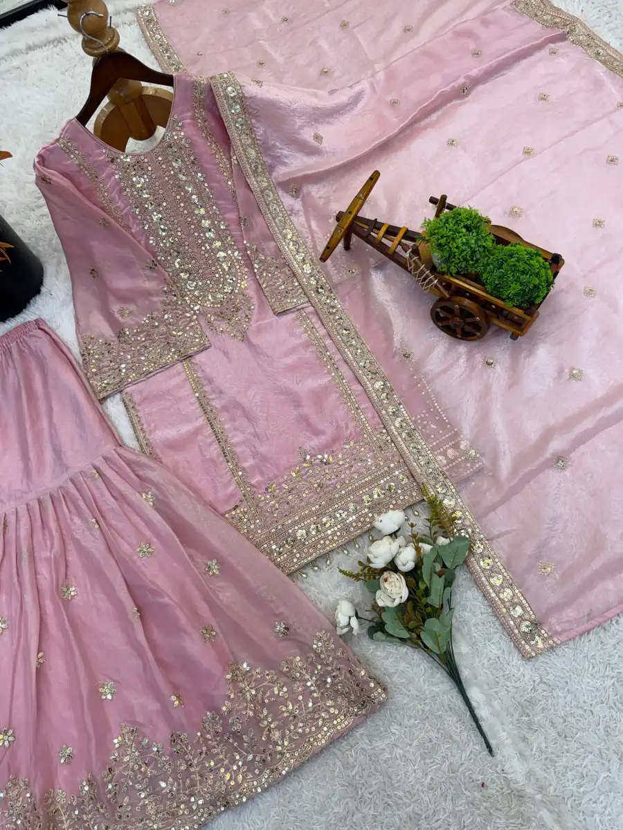 23CLASSIC FENDY SILK EMBROIDERY SEQUENCE WORK TOP SHARARA WITH DUPATTA FESTIVE WEAR WHOLESALE PRICE ETHNIC GARMENT (23)