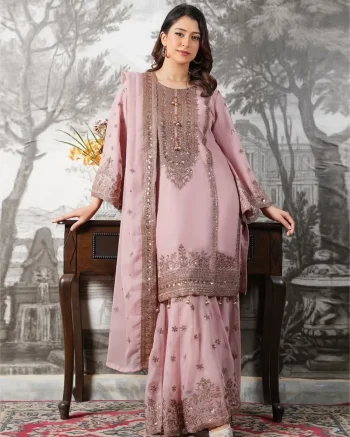CLASSIC FENDY SILK EMBROIDERY SEQUENCE WORK TOP SHARARA WITH DUPATTA BABY PINK