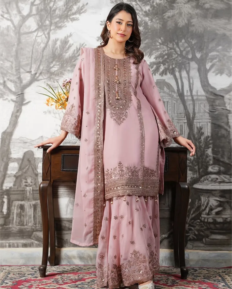 23CLASSIC FENDY SILK EMBROIDERY SEQUENCE WORK TOP SHARARA WITH DUPATTA FESTIVE WEAR WHOLESALE PRICE ETHNIC GARMENT (24)