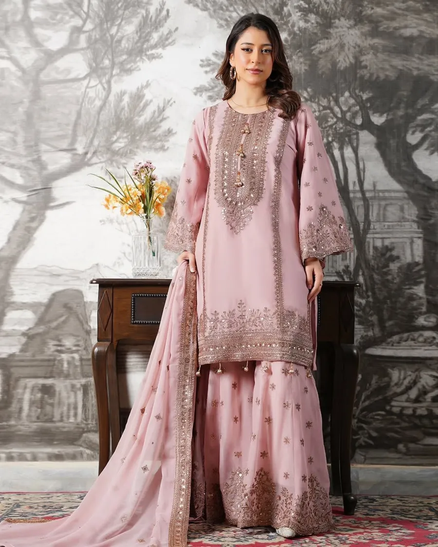 23CLASSIC FENDY SILK EMBROIDERY SEQUENCE WORK TOP SHARARA WITH DUPATTA FESTIVE WEAR WHOLESALE PRICE ETHNIC GARMENT (26)
