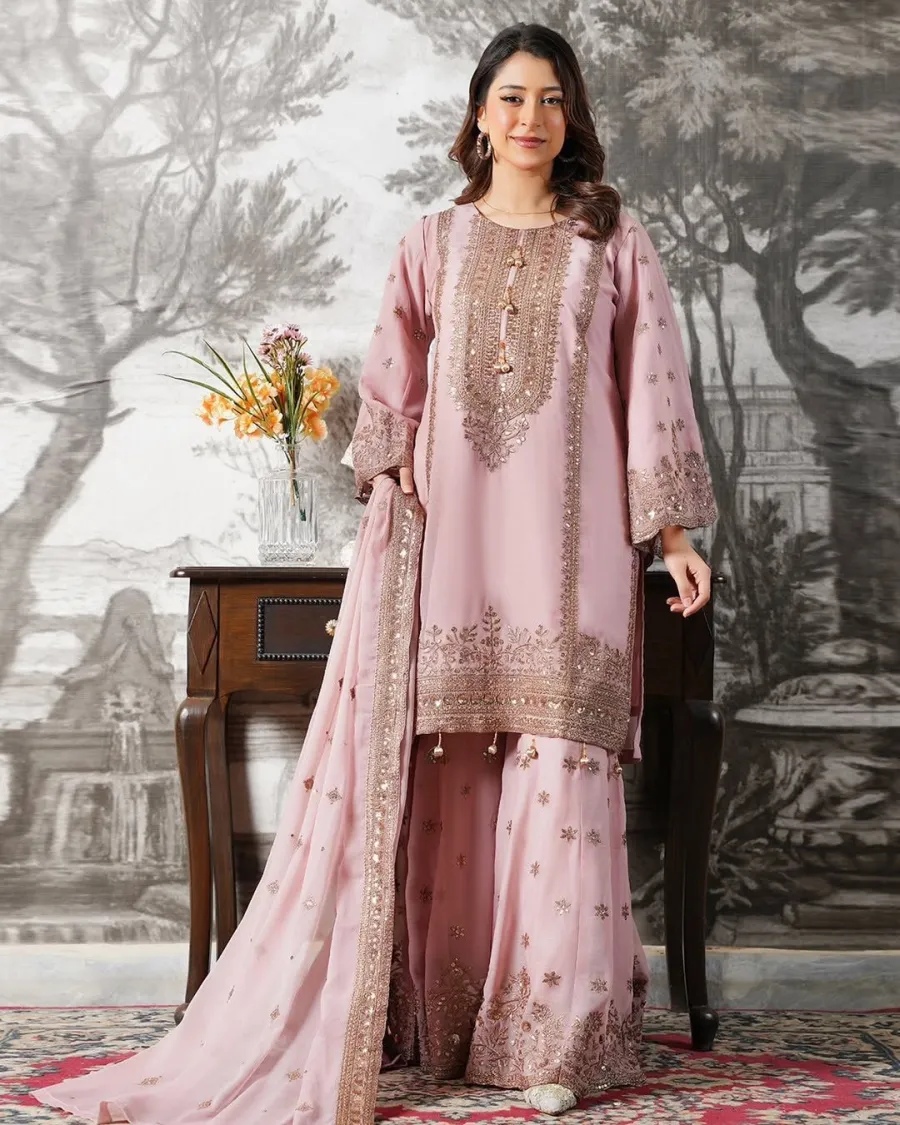 23CLASSIC FENDY SILK EMBROIDERY SEQUENCE WORK TOP SHARARA WITH DUPATTA FESTIVE WEAR WHOLESALE PRICE ETHNIC GARMENT (27)