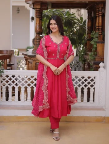 MODERN MUL CHANDERI BEADS THREAD EMBROIDERED WORK TOP BOTTOM WITH DUPATTA RANI