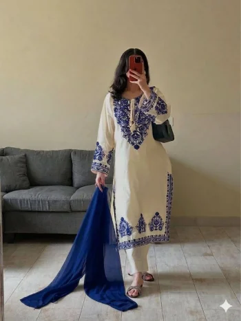 RICH LOOK ROMAN SILK EMBROIDERY WORK TOP BOTTOM WITH DUPATTA OFF WHITE AND BLUE