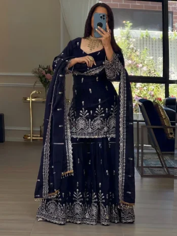 TRENDING JMC SILK THREAD WITH SEQUENCE WORK TOP SHARARA WITH DUPATTA NAVY BLUE
