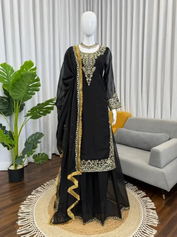 DESIGNER GEORGETTE THREAD WITH SEQUENCE WORK  TOP PALAZZO WITH DUPATTA BLACK