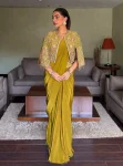 DESIGNER CHINON SILK SAMOSA LACE BORDER READY TO WEAR SAREE AND BLOUSE WITH ZARI AND THREAD EMBROIDERY WORK KOTI PARROT GREEN