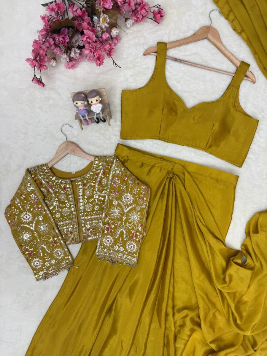 26DESIGNER CHINON SILK SAMOSA LACE BORDER READY TO WEAR SAREE AND BLOUSE WITH ZARI AND THREAD EMBROIDERY WORK KOTI PARTY WEAR WHOLESALE PRICE ETHNIC GARMENT (18)