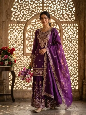 DESIGNER SATIN SILK EMBROIDERY 5 MM SEQUENCE WITH RIVET -MOTI WORK TOP PALAZZO WITH DUPATTA PURPLE