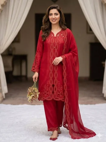 FANCY MUL CHANDERI  PLAIN TOP SEQUENCE EMBROIDERY WITH CUT WORK SHRUG BOTTOM WITH DUPATTA RED