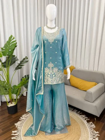 MODERN FENDY SILK THREAD WITH SEQUENCE WORK TOP PALAZZO WITH DUPATTA SKY