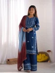 MODERN RAYON COTTON EMBROIDERY THREAD WORK TOP PALAZZO WITH DUPATTA BLUE