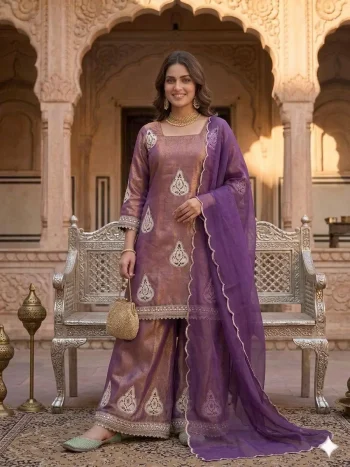 CLASSIC FENDY SILK SEQUENCE EMBROIDERY WORK TOP PALAZZO WITH DUPATTA PURPLE