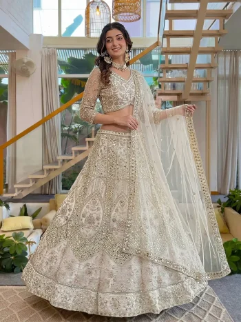 DESIGNER BUTTERFLY NET SEQUENCE AND CODING EMBROIDERY WORK LEHENGA CHOLI WITH DUPATTA OFF WHITE