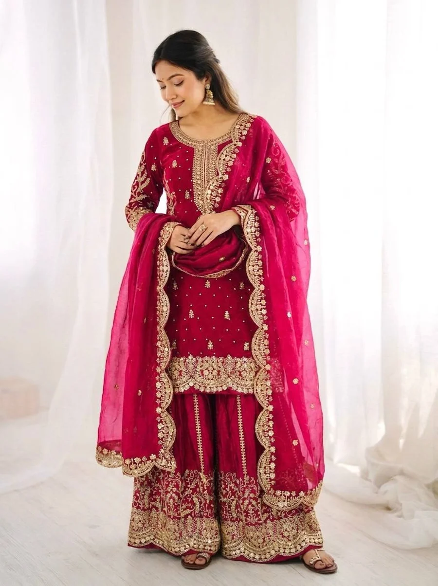 2DESIGNER FENDY SILK EMBROIDERY CODING AND SEQUENCE WORK TOP PALAZZO WITH DUPATTA FESTIVE WEAR WHOLESALE PRICE ETHNIC GARMENT (18)