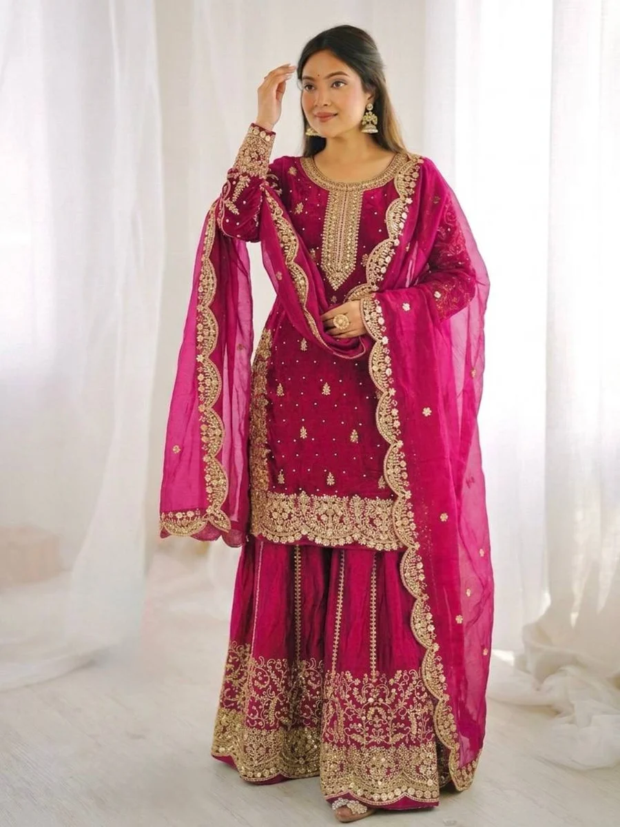 2DESIGNER FENDY SILK EMBROIDERY CODING AND SEQUENCE WORK TOP PALAZZO WITH DUPATTA FESTIVE WEAR WHOLESALE PRICE ETHNIC GARMENT (19)