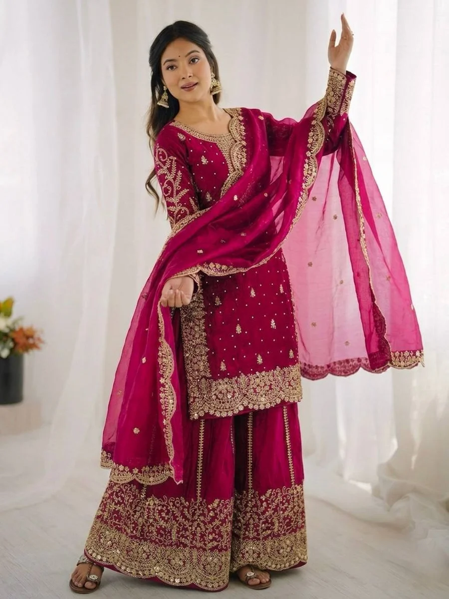 2DESIGNER FENDY SILK EMBROIDERY CODING AND SEQUENCE WORK TOP PALAZZO WITH DUPATTA FESTIVE WEAR WHOLESALE PRICE ETHNIC GARMENT (20)