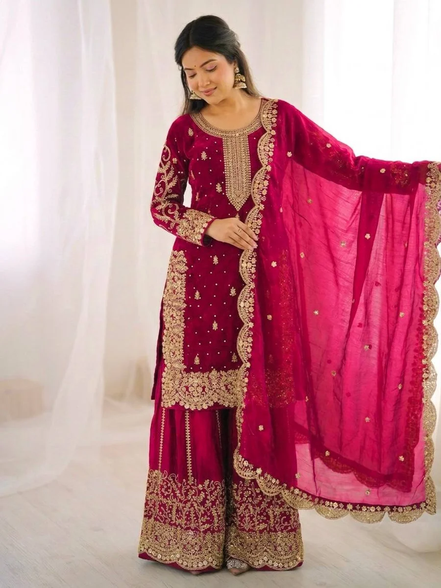 2DESIGNER FENDY SILK EMBROIDERY CODING AND SEQUENCE WORK TOP PALAZZO WITH DUPATTA FESTIVE WEAR WHOLESALE PRICE ETHNIC GARMENT (23)