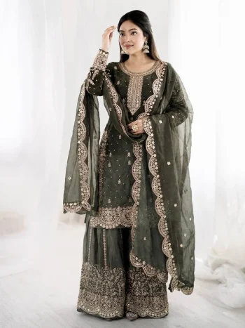 DESIGNER FENDY SILK EMBROIDERY CODING AND SEQUENCE WORK TOP PALAZZO WITH DUPATTA MEHNDI