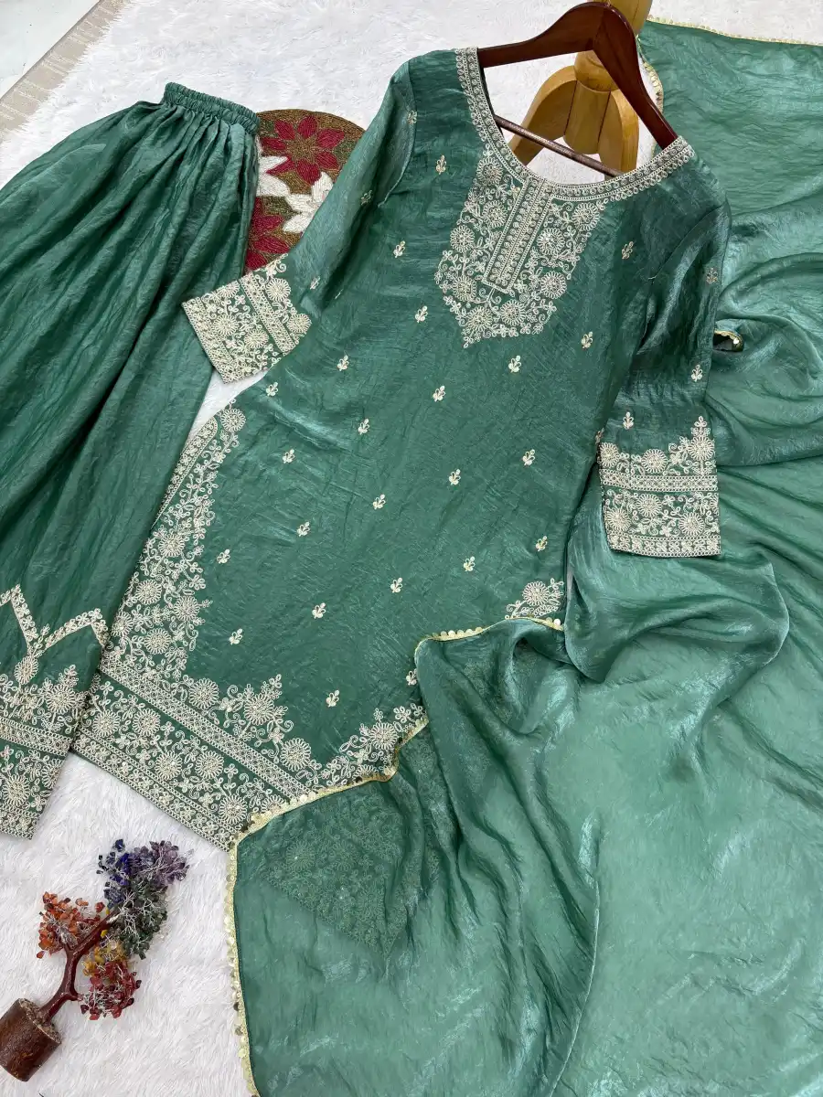 2DESIGNER FENDY SILK EMBROIDERY SEQUENCE WITH CODING WORK TOP PALAZZO WITH DUPATTA WEDDING WEAR WHOLESALE PRICE ETHNIC GARMENT (18)