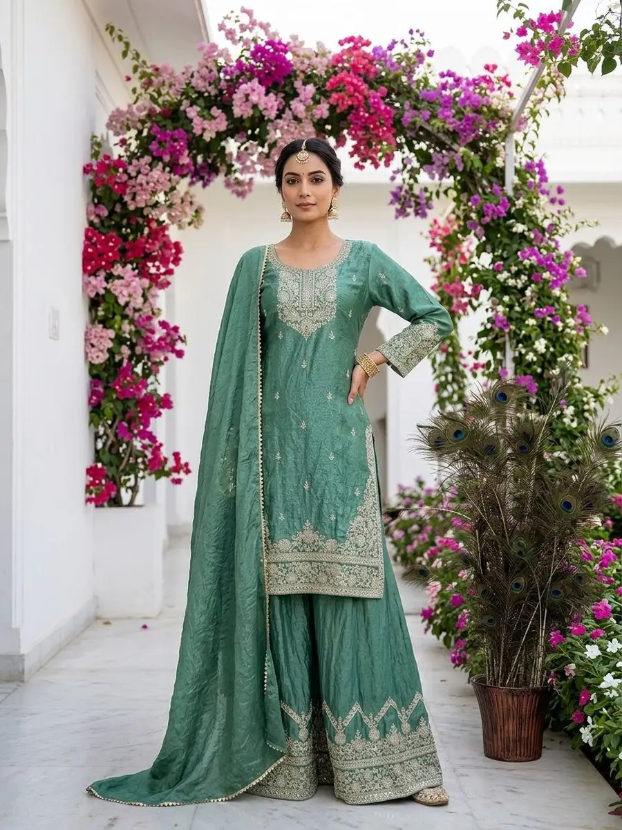 2DESIGNER FENDY SILK EMBROIDERY SEQUENCE WITH CODING WORK TOP PALAZZO WITH DUPATTA WEDDING WEAR WHOLESALE PRICE ETHNIC GARMENT (19)