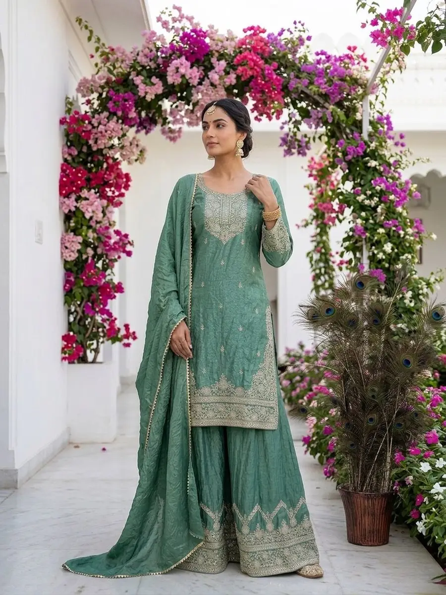 2DESIGNER FENDY SILK EMBROIDERY SEQUENCE WITH CODING WORK TOP PALAZZO WITH DUPATTA WEDDING WEAR WHOLESALE PRICE ETHNIC GARMENT (20)