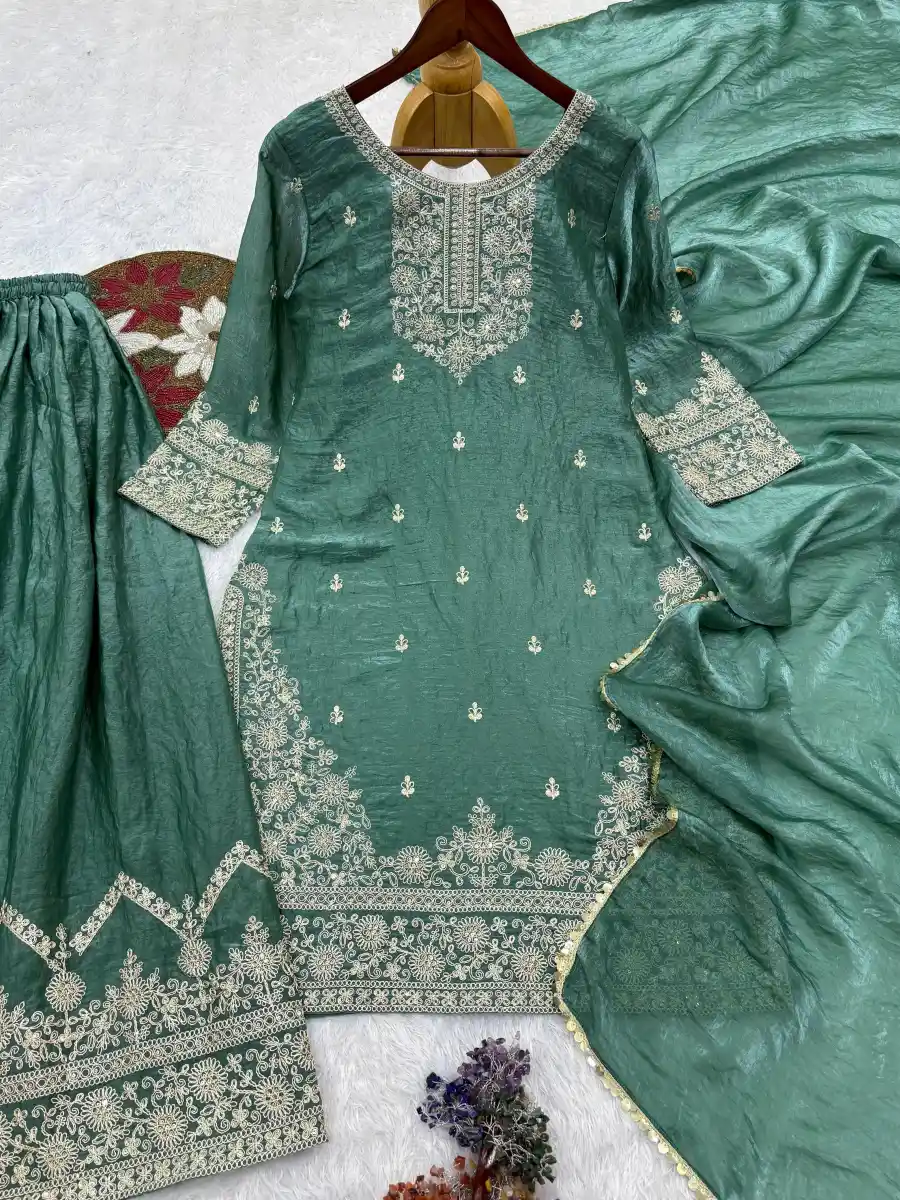 2DESIGNER FENDY SILK EMBROIDERY SEQUENCE WITH CODING WORK TOP PALAZZO WITH DUPATTA WEDDING WEAR WHOLESALE PRICE ETHNIC GARMENT (23)
