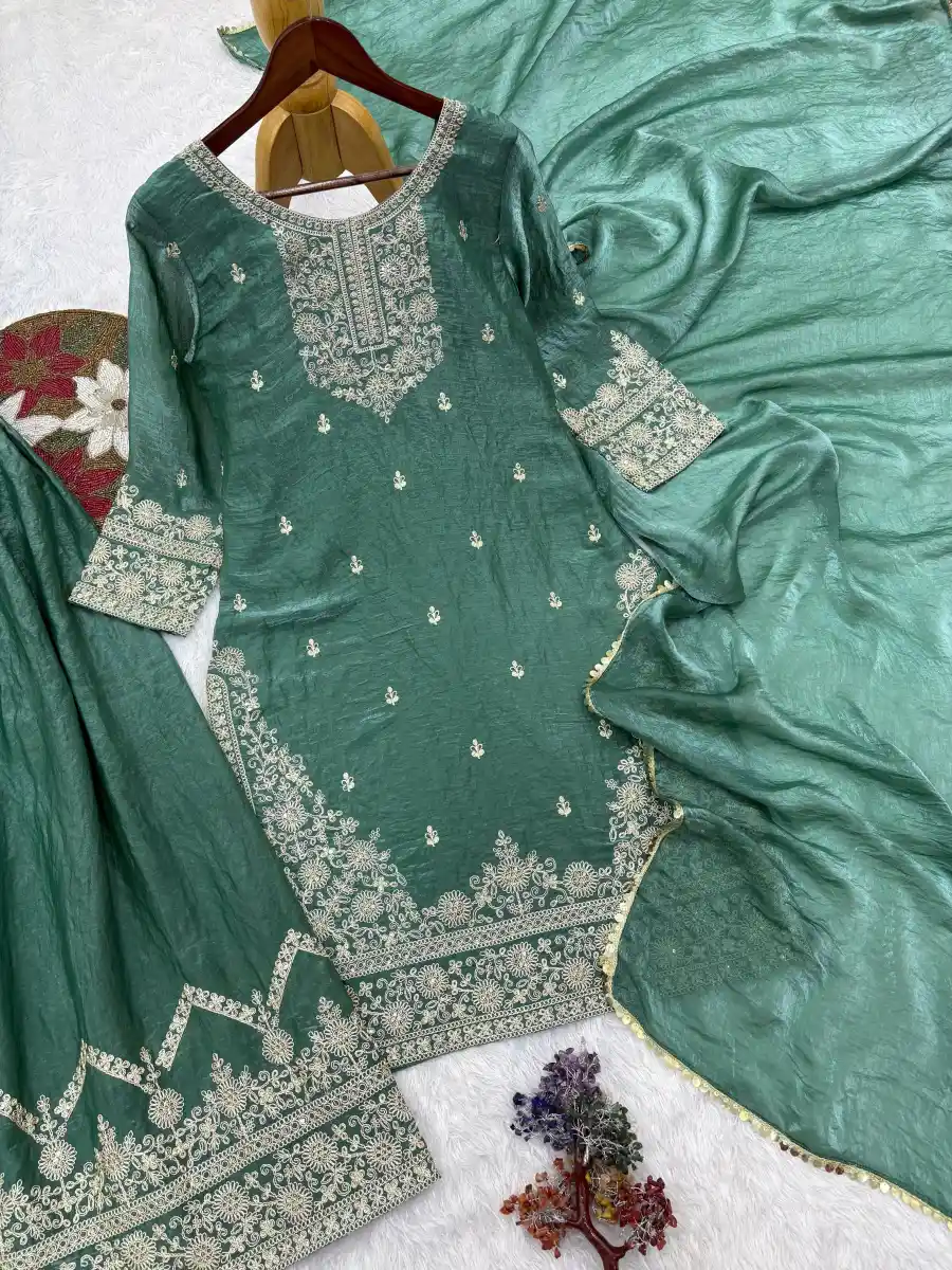 2DESIGNER FENDY SILK EMBROIDERY SEQUENCE WITH CODING WORK TOP PALAZZO WITH DUPATTA WEDDING WEAR WHOLESALE PRICE ETHNIC GARMENT (25)