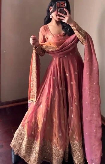 DESIGNER FENDY SILK EMBROIDERY  SEQUENCE WORK GOWN BOTTOM WITH DUPATTA PEACH
