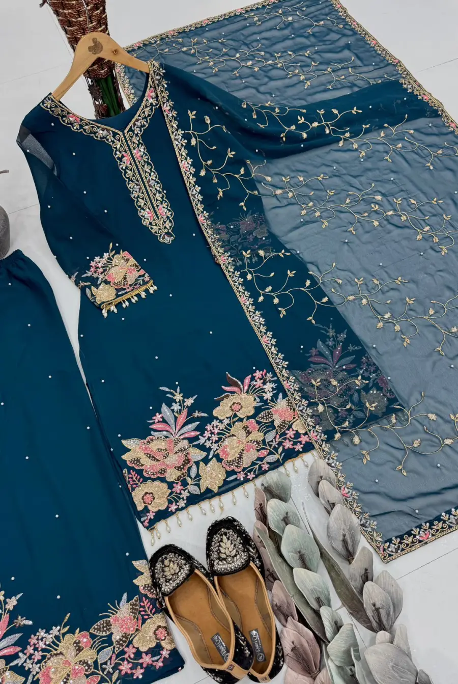 2DESIGNER GEORGETTE EMBROIDERY SEQUENCE WITH PEARL MOTI HAND WORK AND FANCY LACE BORDER WORK TOP PALAZZO WITH DUPATTA FESTIVE WEAR WHOLESALE PRICE ETHNIC GARMENT (10)