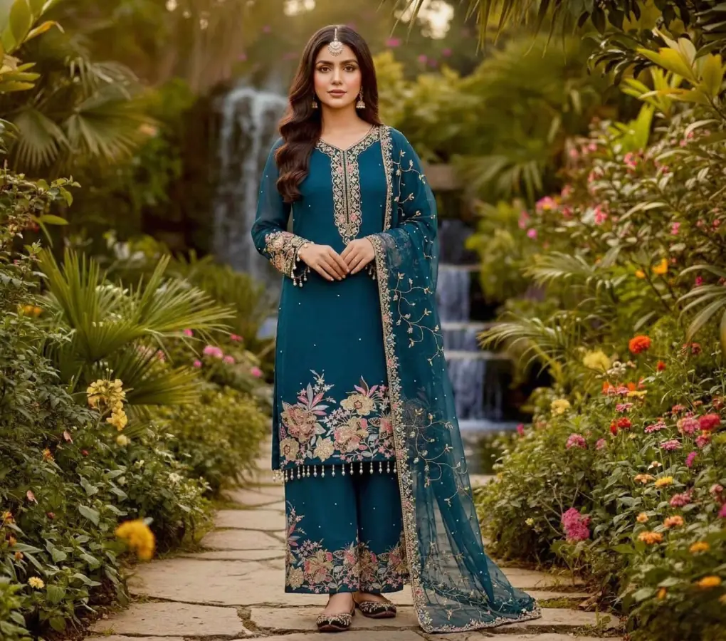 2DESIGNER GEORGETTE EMBROIDERY SEQUENCE WITH PEARL MOTI HAND WORK AND FANCY LACE BORDER WORK TOP PALAZZO WITH DUPATTA FESTIVE WEAR WHOLESALE PRICE ETHNIC GARMENT (11)