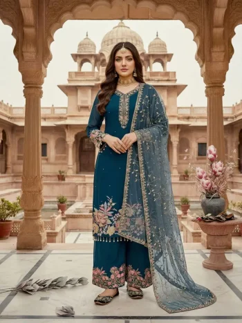 DESIGNER GEORGETTE EMBROIDERY   SEQUENCE  WITH PEARL MOTI HAND WORK AND FANCY LACE BORDER WORK TOP PALAZZO WITH DUPATTA TEAL