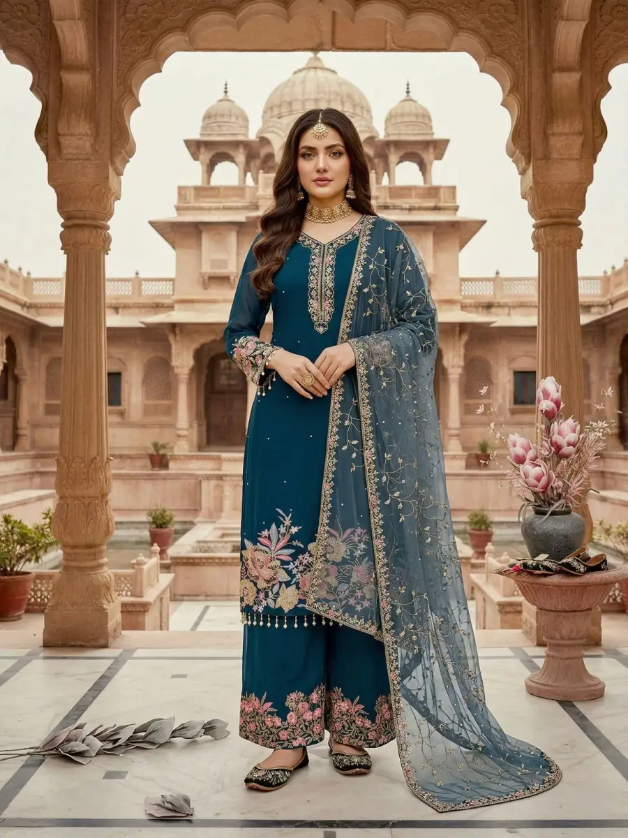2DESIGNER GEORGETTE EMBROIDERY SEQUENCE WITH PEARL MOTI HAND WORK AND FANCY LACE BORDER WORK TOP PALAZZO WITH DUPATTA FESTIVE WEAR WHOLESALE PRICE ETHNIC GARMENT (6)