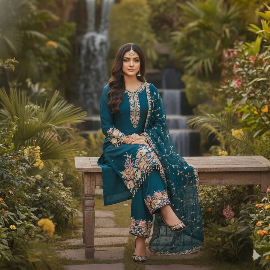 2DESIGNER GEORGETTE EMBROIDERY SEQUENCE WITH PEARL MOTI HAND WORK AND FANCY LACE BORDER WORK TOP PALAZZO WITH DUPATTA FESTIVE WEAR WHOLESALE PRICE ETHNIC GARMENT (7)