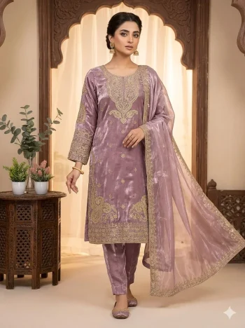 DESIGNER GLASS ROMAN CODING WITH SEQUENCE EMBROIDERY WORK TOP BOTTOM WITH DUPATTA LAVENDER