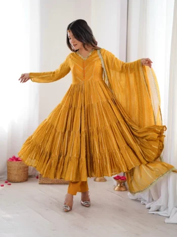 DESIGNER MAL CHANDERI REAL MIRROR WITH HANDWORK GOWN BOTTOM WITH DUPATTA YELLOW