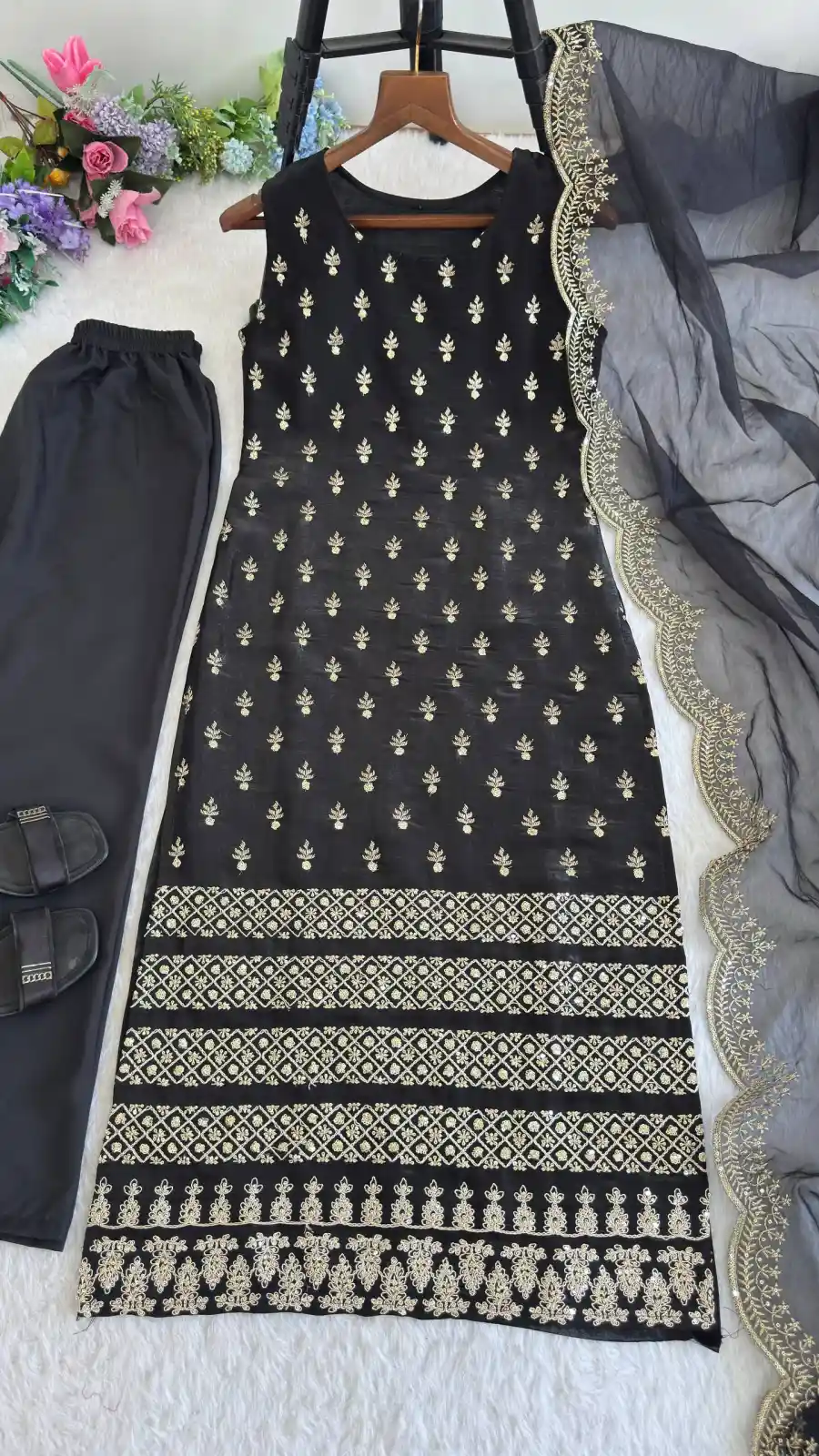 2DESIGNER ROAN GLASS SATIN GOLDEN CODING & ZARI SEQUENCE WORK TOP BOTTOM WITH DUPATTA FESTIVE WEAR WHOLESALE PRICE ETHNIC GARMENT (21)