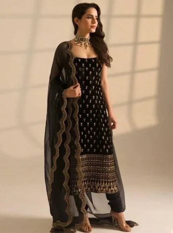 DESIGNER ROAN GLASS SATIN GOLDEN CODING & ZARI SEQUENCE WORK TOP BOTTOM WITH DUPATTA BLACK