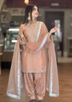DESIGNER ROMAN GLASS SILK EMBROIDERY 3 MM SEQUENCE WORK WITH RIVET MOTI WORK TOP PATIYALA WITH DUPATTA PEACH
