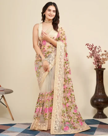 DESIGNER SOFT NET CHIKANKARI EMBROIDERY WORK SAREE WITH UNSTITCHED BLOUSE OFF WHITE