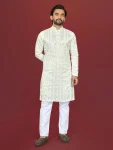 DESIGNER SOFT SILK EMBROIDERY WORK AND SILVER SEQUENCE WORK MEN'S KURTA PAYJAMA OFF WHITE