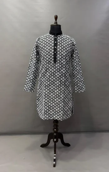 DESIGNER SOFT SILK WHITE EMBROIDERY THREAD WITH MULTI SEQUENCE WORK MEN'S KURTA PAYJAMA BLACK