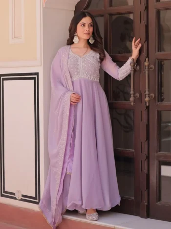 DESIGNER STAR GEORGETTE SEQUENCE CODING & BEADS EMBROIDERY WORK GOWN WITH DUPATTA LAVENDER
