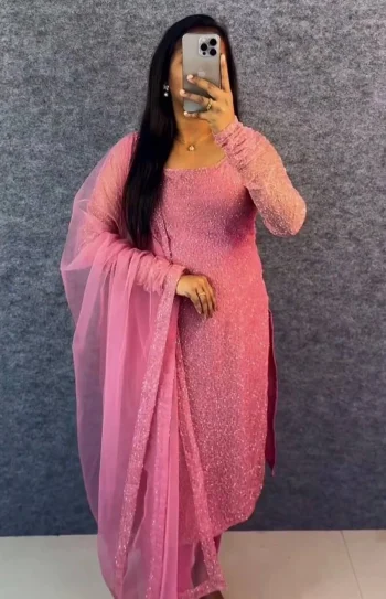 FANCY BUTTERFLY NET EMBROIDERY WORK TOP WITH DUPATTA BABY PINK
