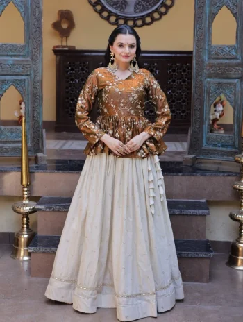 FANCY COSMOS SEQUENCE & ZARI EMBROIDERY WITH MIRROR LACE WORK TOP LEHENGA GOLD