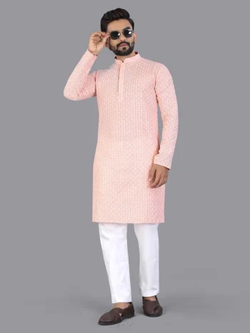 FANCY COTTON CHIKANKARI EMBROIDERY WORK MEN'S KURTA PAYJAMA PEACH