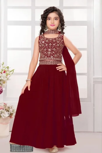 FANCY CREPE EMBROIDERED WORK KID'S TOP PALAZZO WITH DUPATTA RED